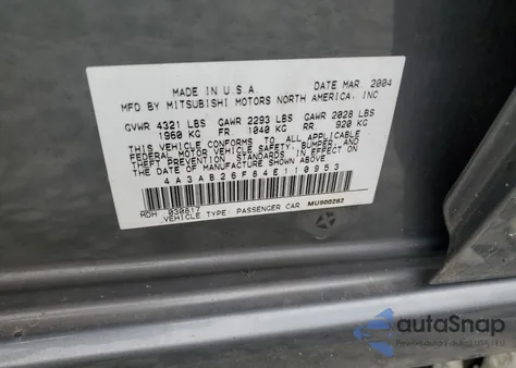 2004 Mitsubishi Galant De из США, поврежденный, VIN 4A3AB26F84E110953